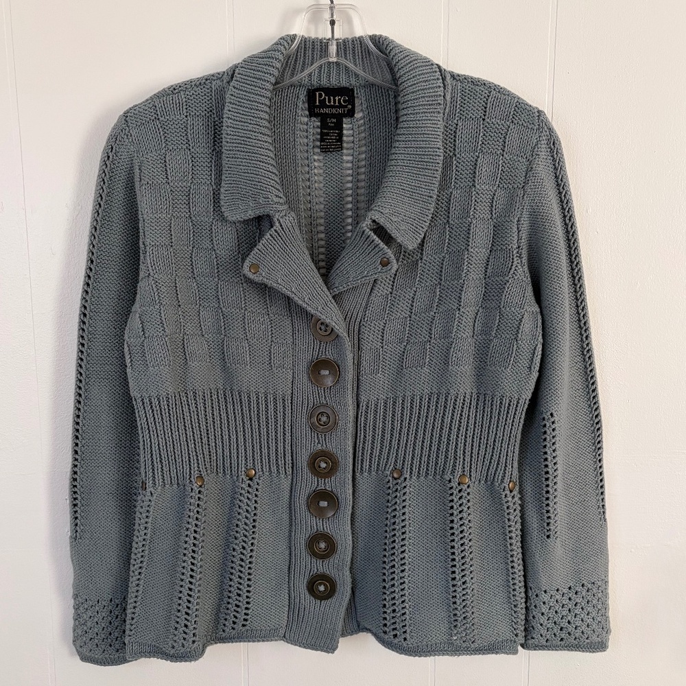Teal PURE HANDKNIT Unique Pointelle Cotton Cardigan Sweater S/M